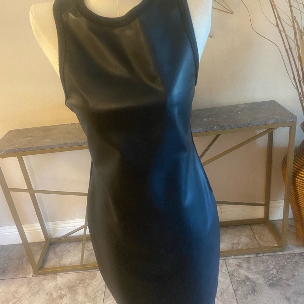Elegant Faux Black Leather & Cotton Sleeveless Dress